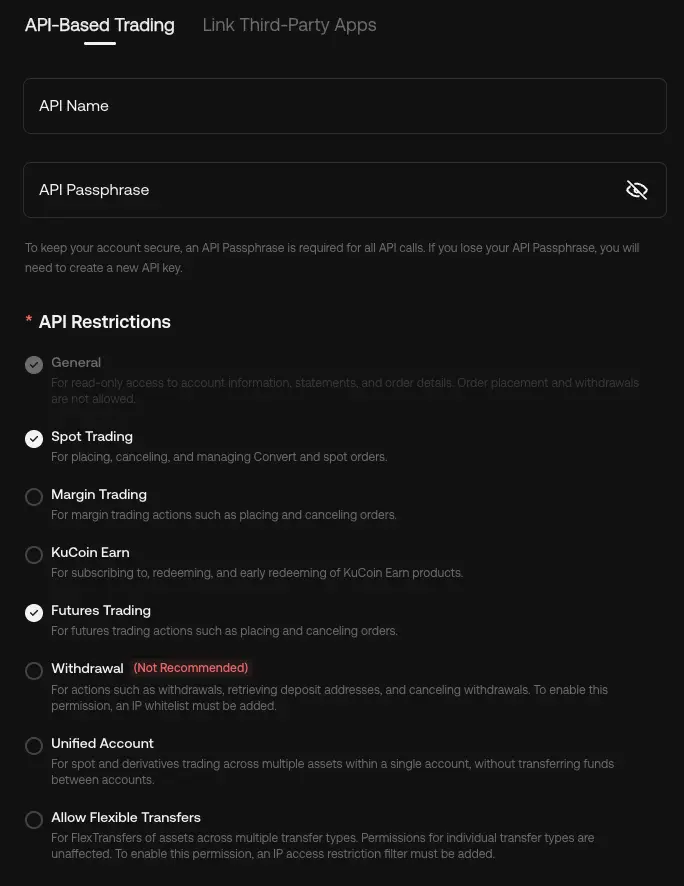 KuCoin API key creation form showing the API Passphrase field and API Restrictions section with Spot Trading and Futures Trading checked, and Withdrawal disabled