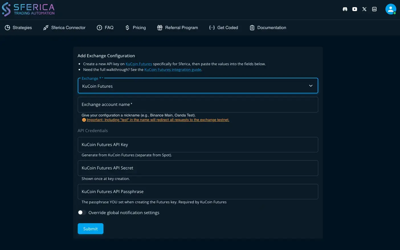 Sferica Add Exchange Configuration form for KuCoin Futures, showing fields for Exchange account name, API Key, API Secret and API Passphrase, with helper text for each field