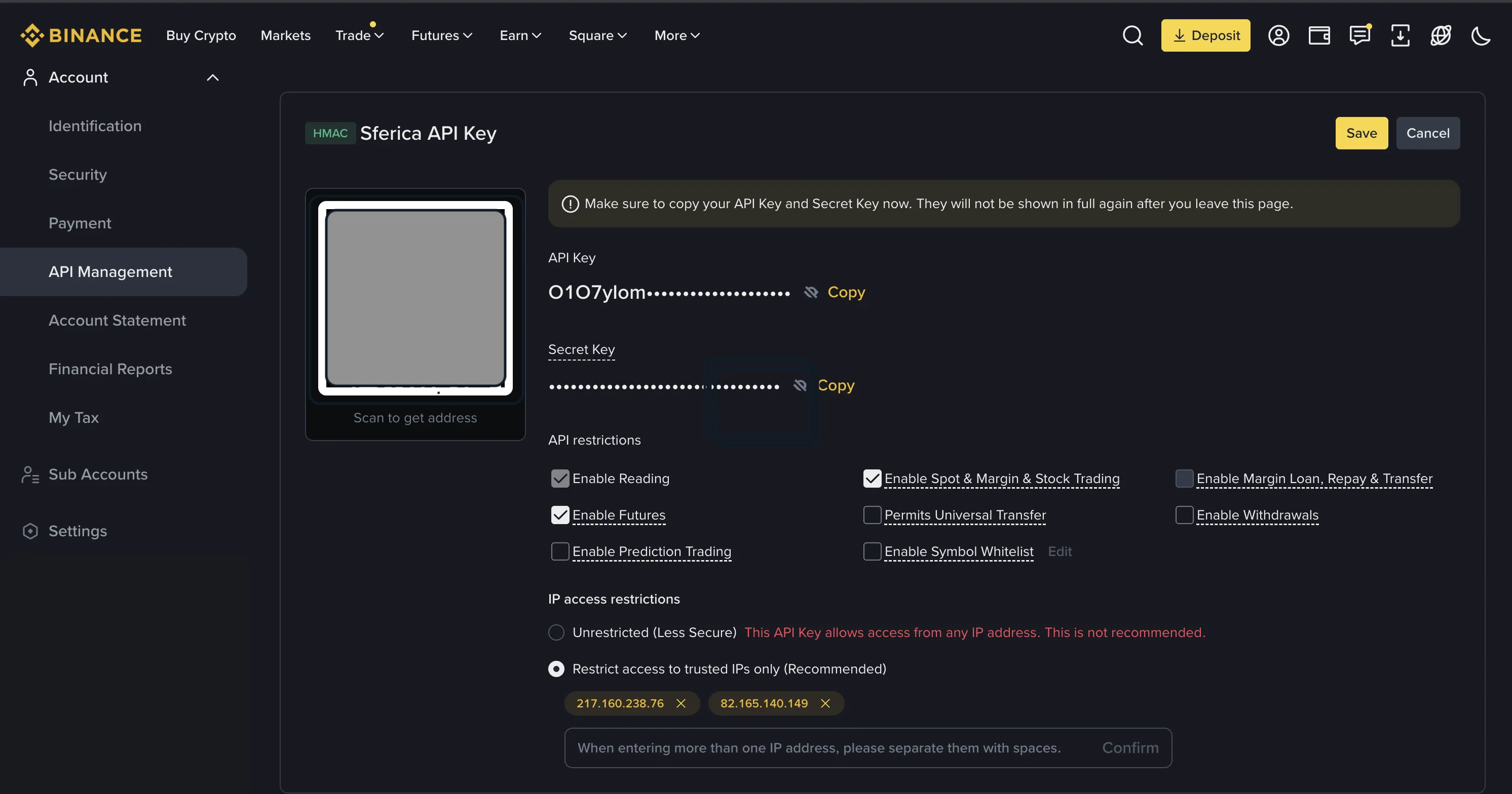 Binance API Management form showing a new API key with Enable Spot and Margin Trading and Enable Futures checked, and Enable Withdrawals left unchecked