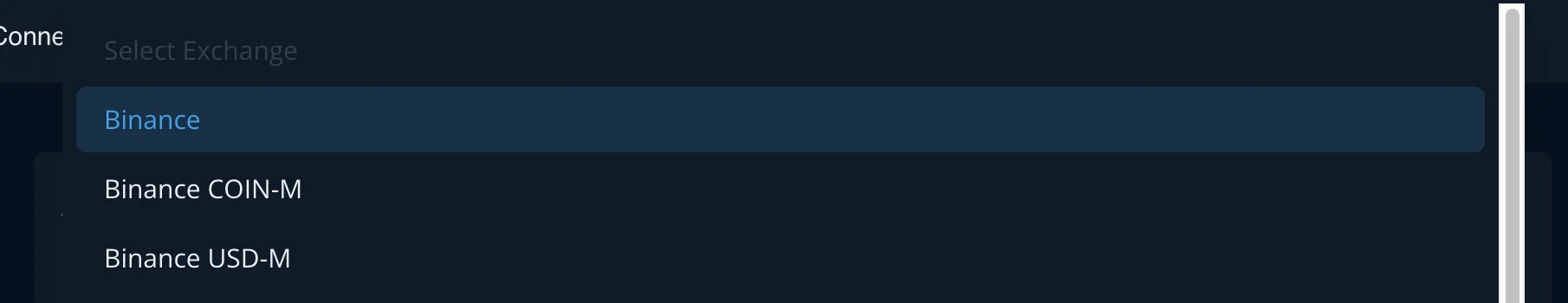 Sferica connector Exchange dropdown listing Binance, Binance COIN-M, and Binance USD-M as separate selectable profiles